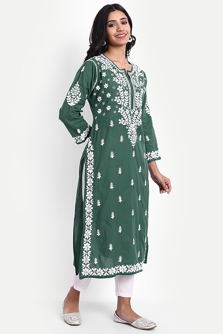 Green Cotton Hand Embroidered Kurta by House Of Kari at Pernia's Pop Up Shop