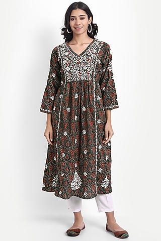 Multi-Colored Cotton Embroidered Kurta by House Of Kari