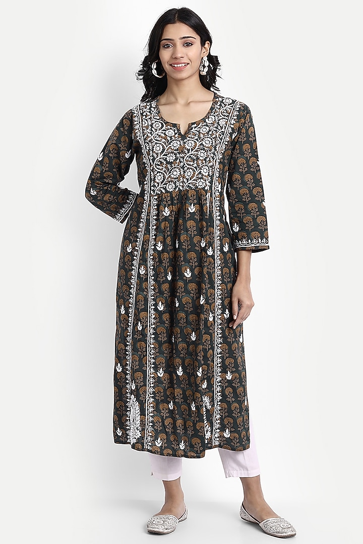 Multi-Colored Cotton Hand Embroidered Kurta by House Of Kari