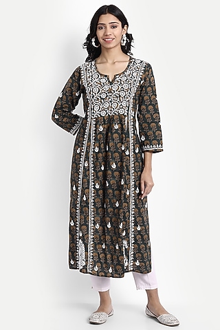 Multi-Colored Cotton Hand Embroidered Kurta by House Of Kari