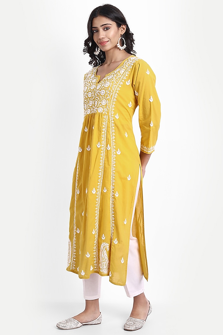 Yellow Hand Embroidered Kurta by House Of Kari at Pernia's Pop Up Shop