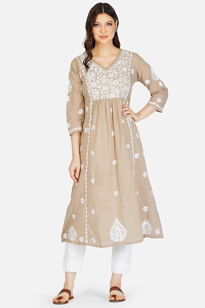 Beige Embroidered A-Line Kurta by House Of Kari