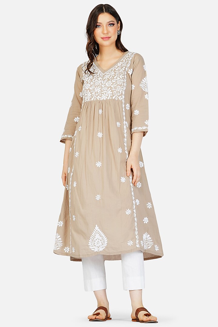 Beige Embroidered A-Line Kurta by House Of Kari at Pernia's Pop Up Shop