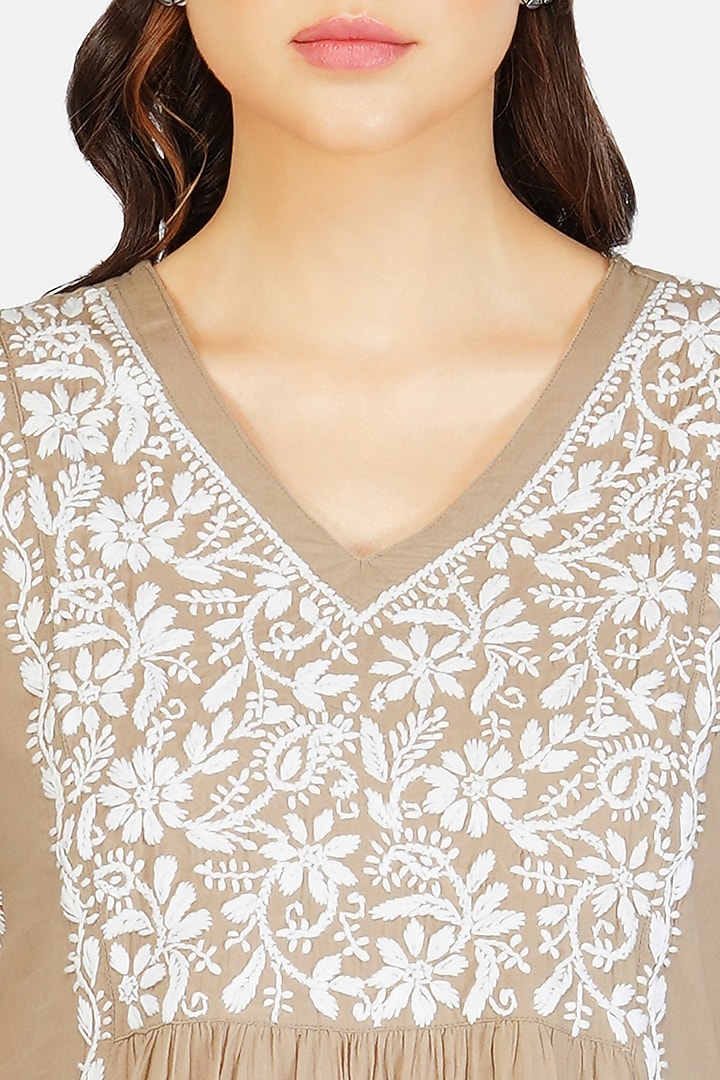Beige Embroidered A-Line Kurta by House Of Kari at Pernia's Pop Up Shop