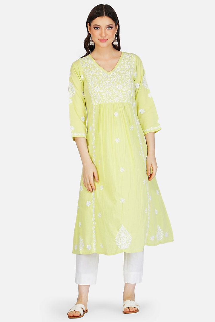 Yellow Embroidered A-Line Kurta by House Of Kari