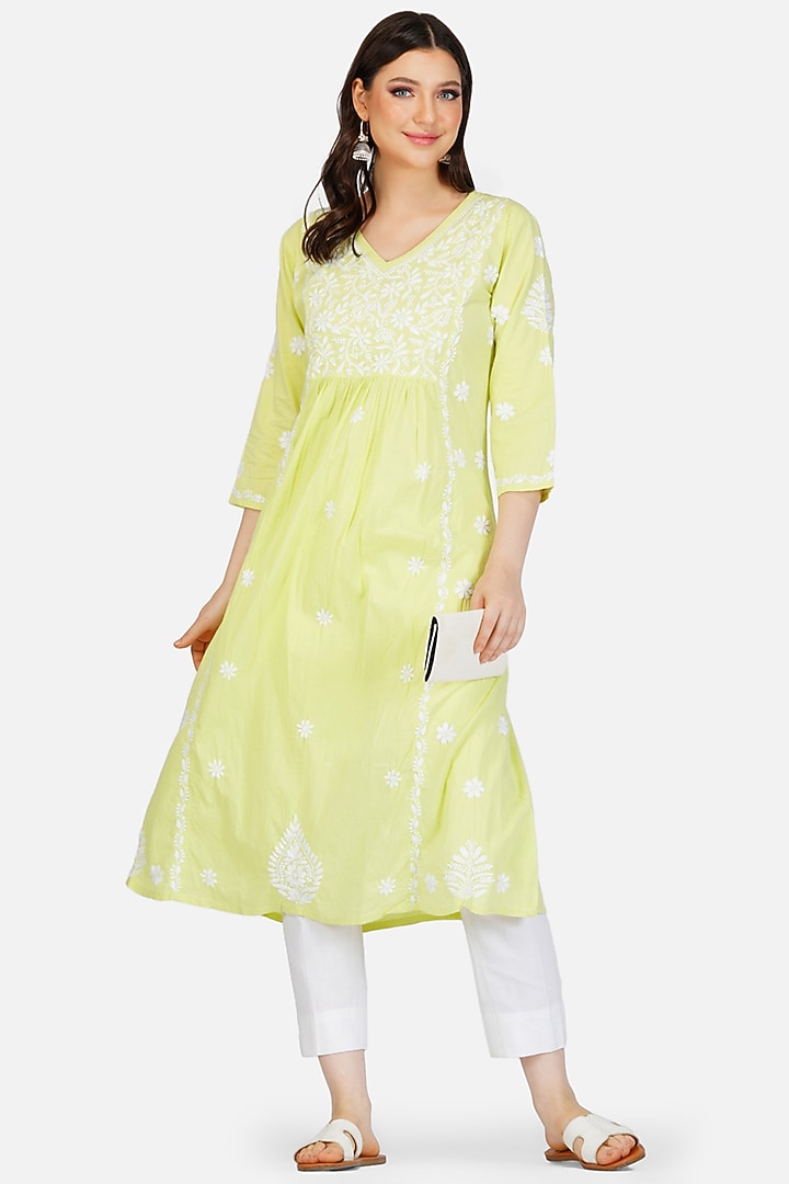 Yellow Embroidered A-Line Kurta by House Of Kari at Pernia's Pop Up Shop