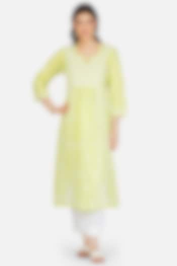 Yellow Hand Embroidered A-Line Kurta by House Of Kari