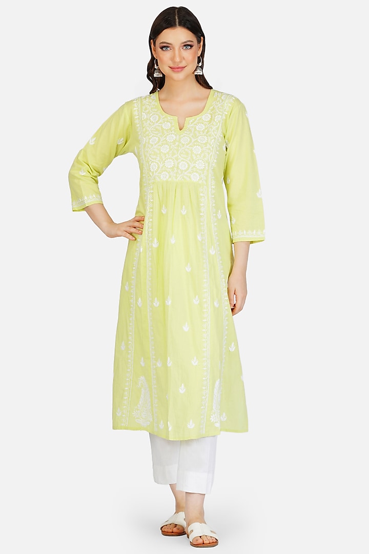 Yellow Hand Embroidered A-Line Kurta by House Of Kari