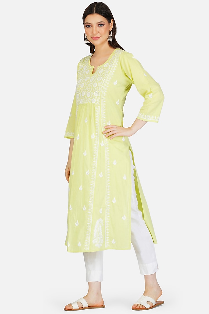 Yellow Hand Embroidered A-Line Kurta by House Of Kari at Pernia's Pop Up Shop