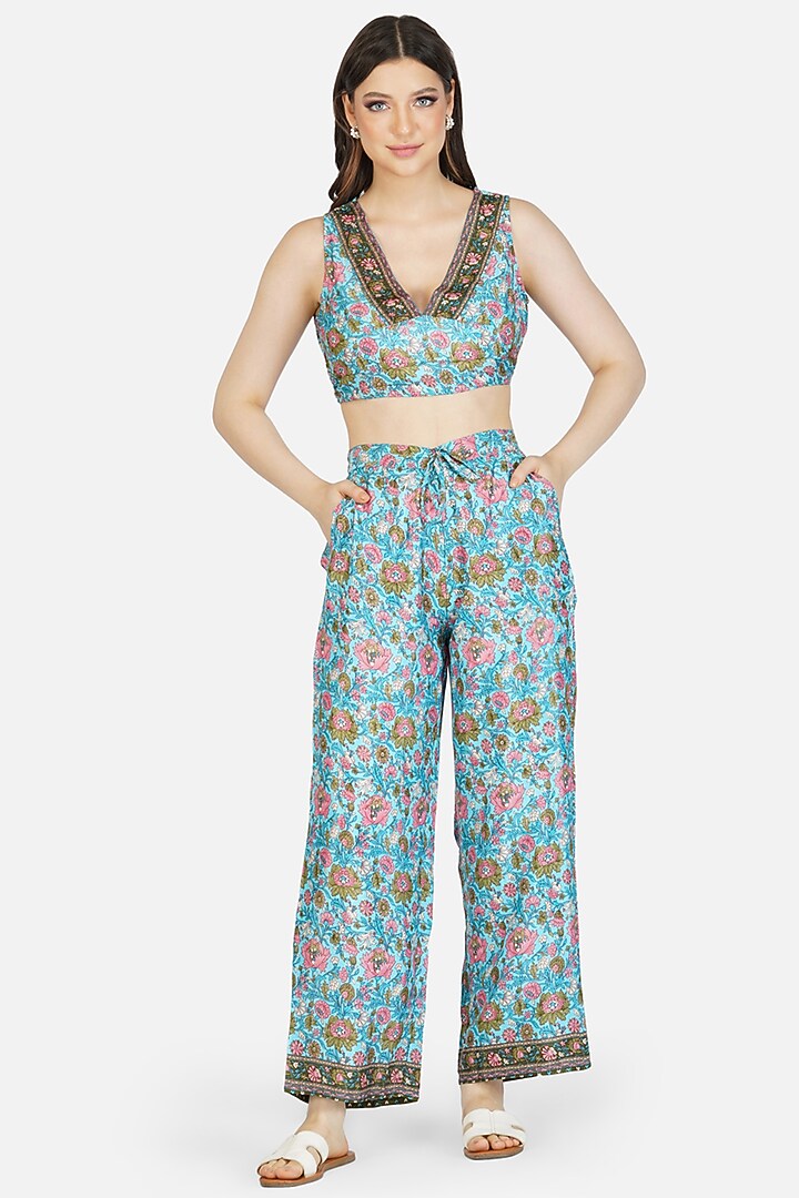Blue Poly Silk Printed Co-Ord Set by House Of Kari at Pernia's Pop Up Shop