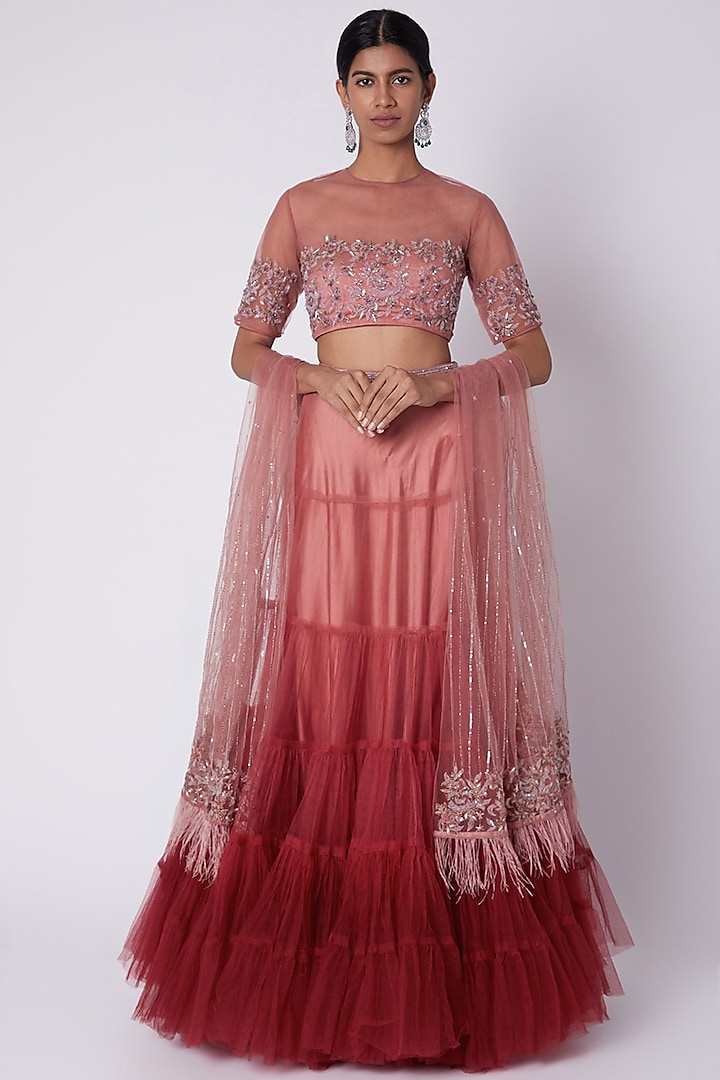 Mulberry & Wine Embroidered Layered Lehenga Set by House of Tushaom