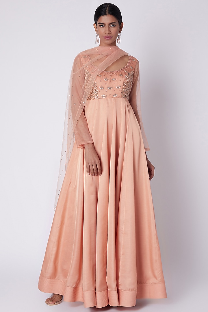 Peach Embroidered Anarkali With Dupatta by House of Tushaom