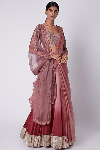 Mulbury To Wine Printed & Embroidered Lehenga Saree Set by House of Tushaom