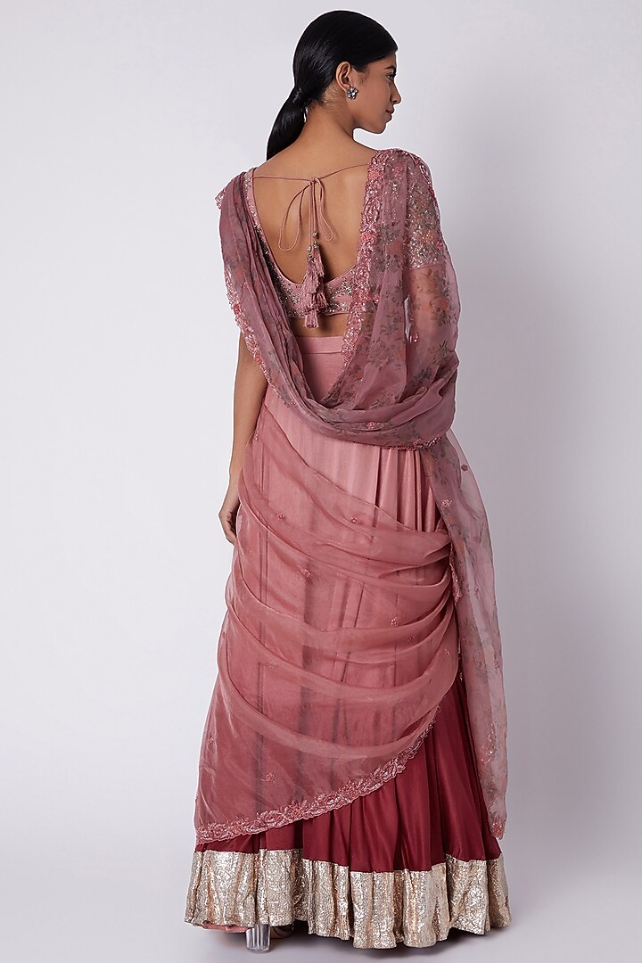 Mulbury To Wine Printed & Embroidered Reception Lehenga Saree Set by House of Tushaom at Pernia's Pop Up Shop