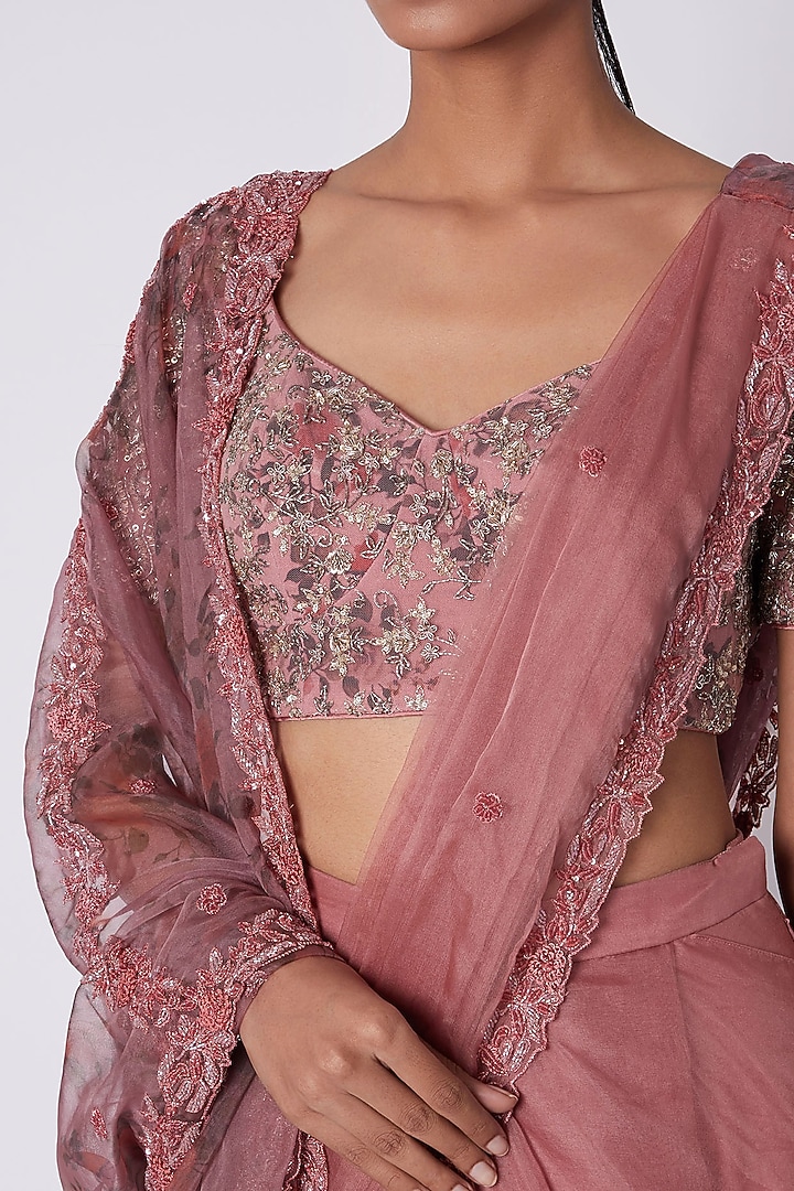 Mulbury To Wine Printed & Embroidered Reception Lehenga Saree Set by House of Tushaom at Pernia's Pop Up Shop