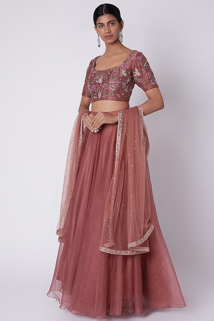 Mulberry Embroidered Short Lehenga Set by House of Tushaom
