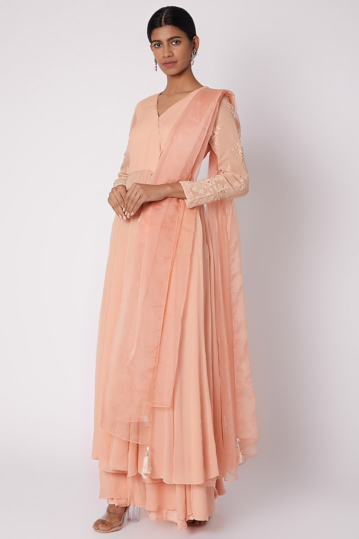 Peach Embroidered Wrap Tunic Set by House of Tushaom
