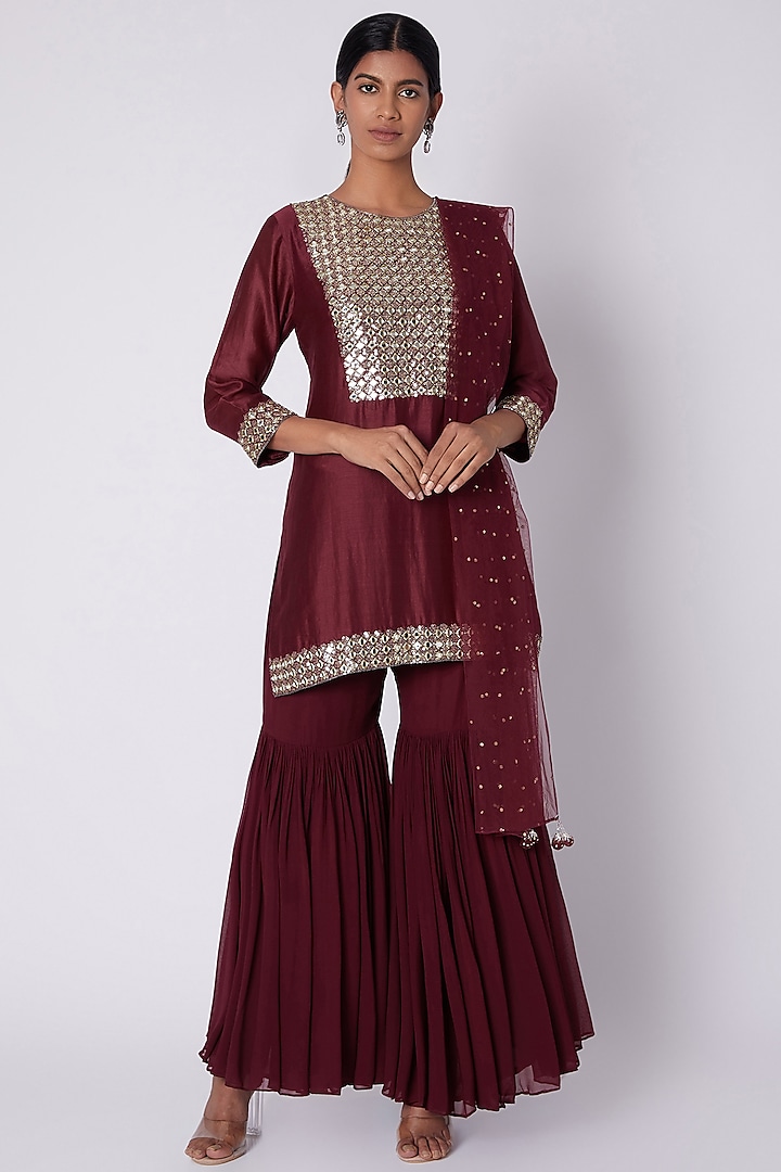 Maroon Embroidered Sharara Set by House of Tushaom