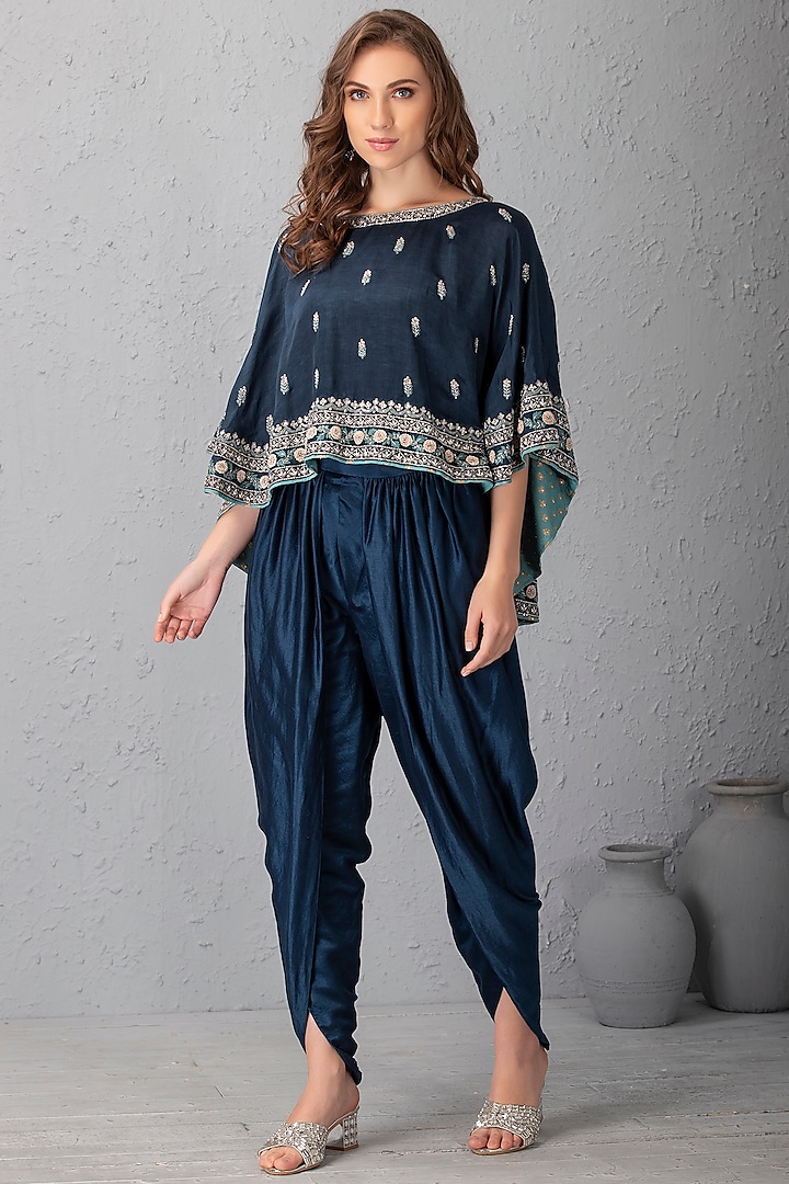 Midnight Blue Hand Embroidered Cape Set by House of Tushaom