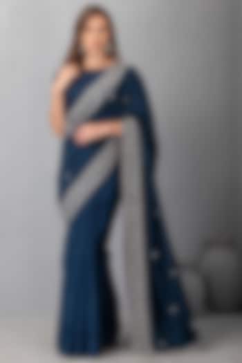 Midnight Blue Hand Embroidered Wedding Saree Set by House of Tushaom at Pernia's Pop Up Shop