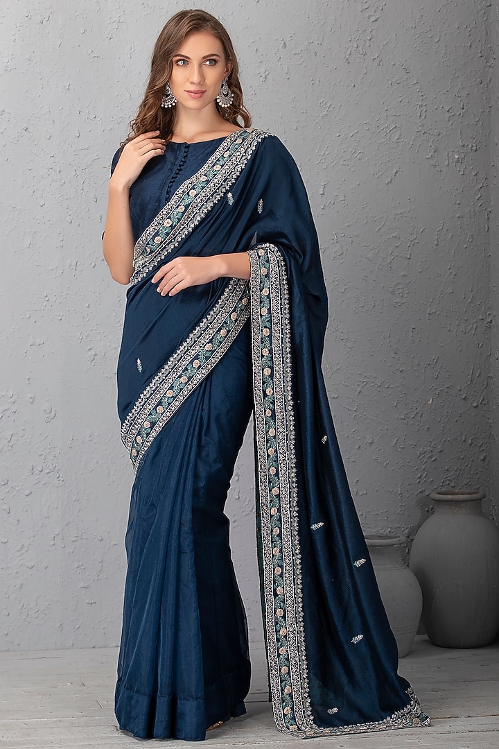 Midnight Blue Hand Embroidered Wedding Saree Set by House of Tushaom at Pernia's Pop Up Shop