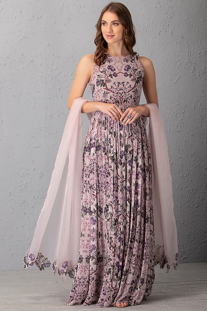 Mauve Floral Printed Anarkali Set by House of Tushaom at Pernia's Pop Up Shop