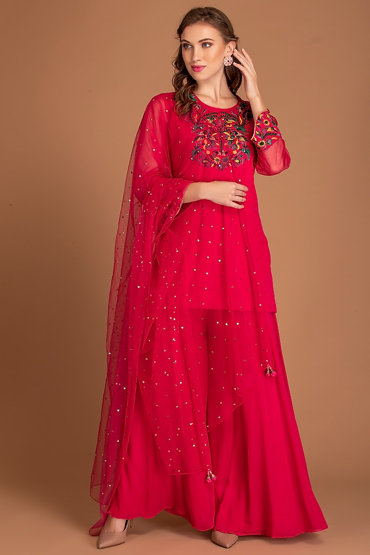 Hot Pink Silk Linen Sharara Set by House of Tushaom
