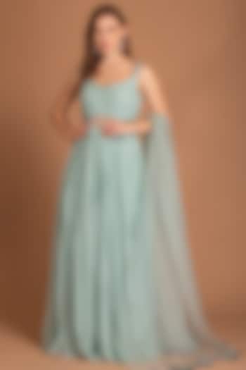 Ice Blue Gown With Dupatta by House of Tushaom