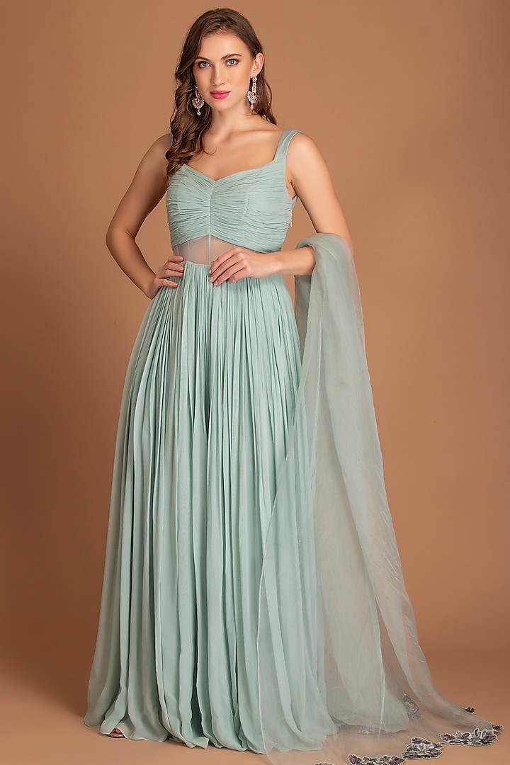 Ice Blue Gown With Dupatta by House of Tushaom