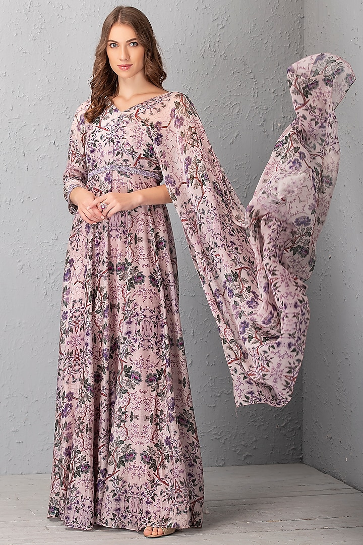 Mauve Floral Printed Gown by House of Tushaom