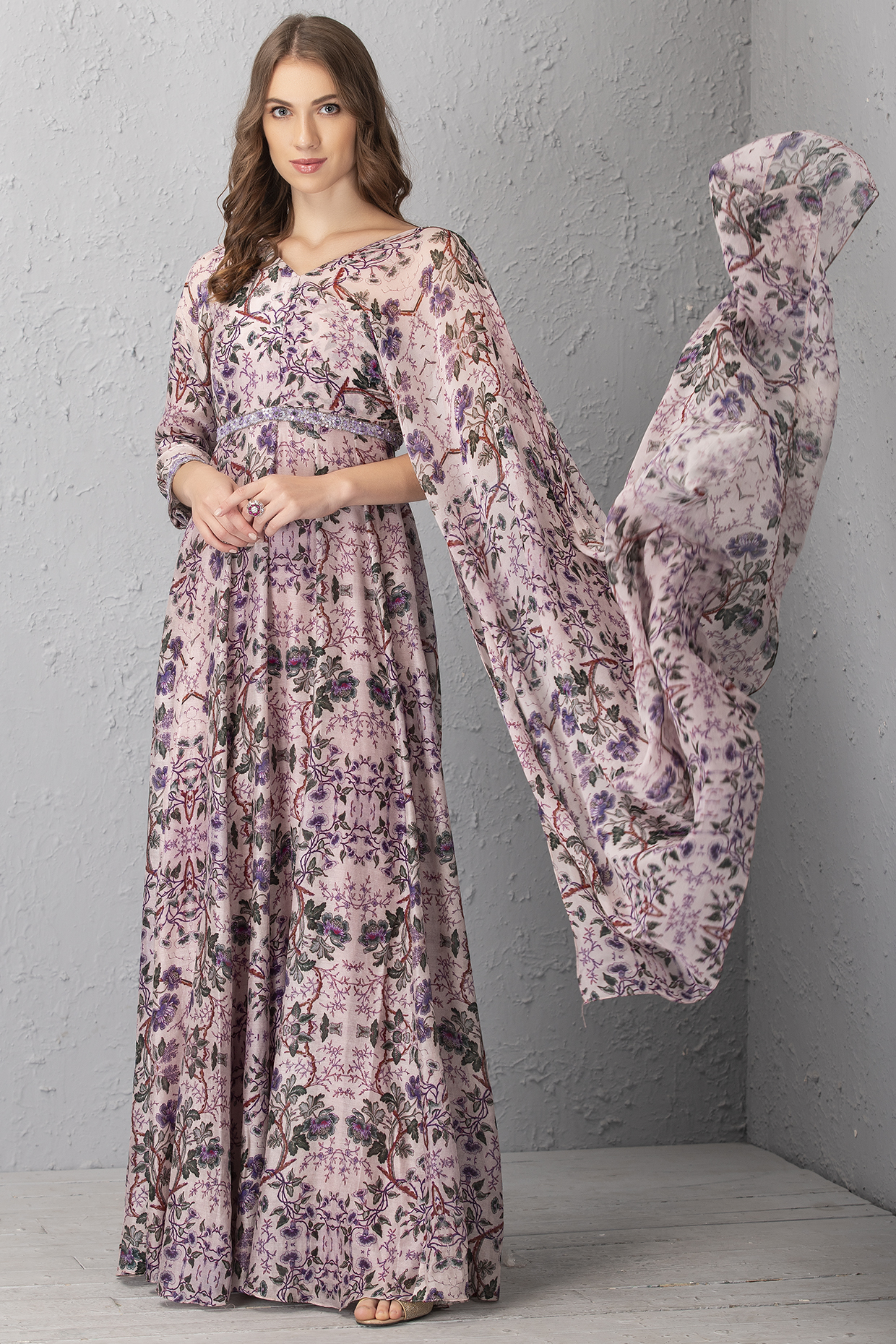 Mauve Floral Printed Gown by House of Tushaom