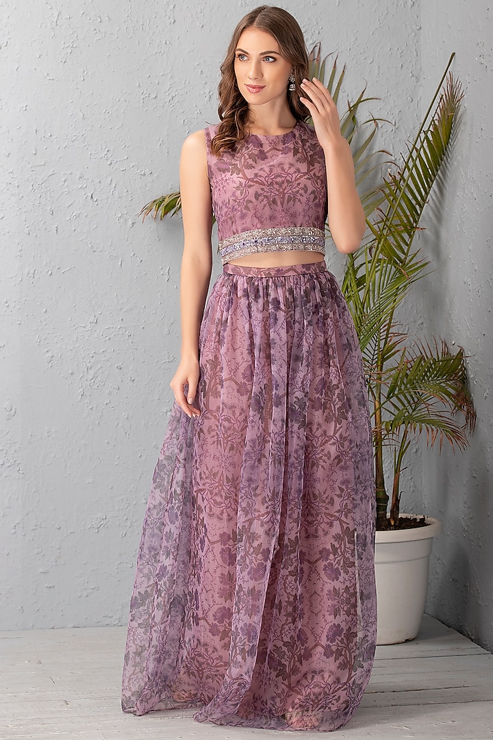 Mauve Floral Printed Skirt Set by House of Tushaom