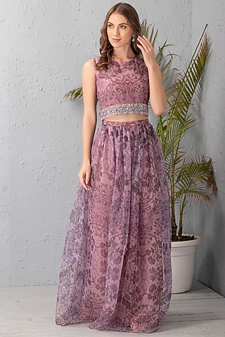 Mauve Floral Printed Skirt Set by House of Tushaom