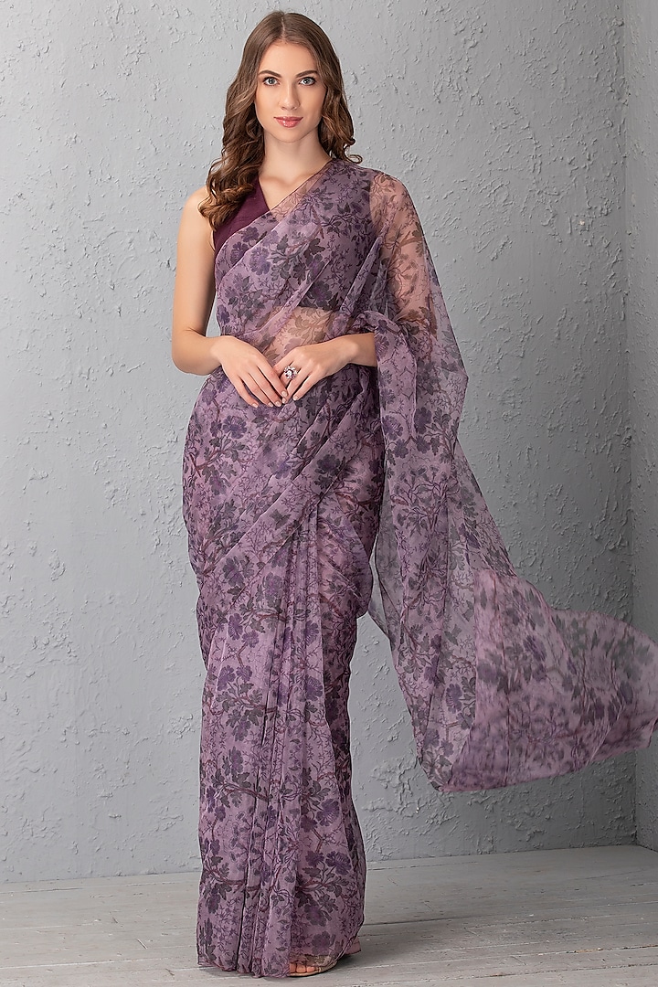 Mauve Organza Floral Printed Saree Set by House of Tushaom at Pernia's Pop Up Shop