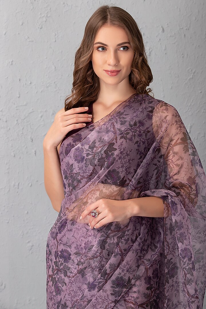 Mauve Organza Floral Printed Party Wear Saree Set by House of Tushaom at Pernia's Pop Up Shop