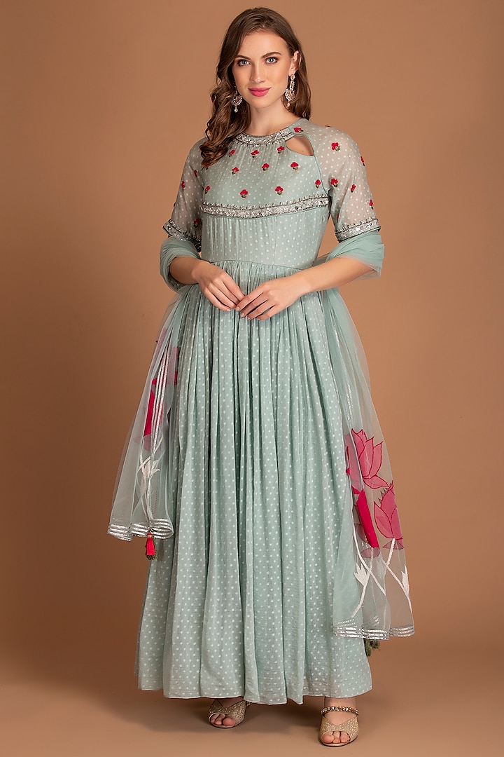 Ice Blue Embroidered Anarkali Set by House of Tushaom