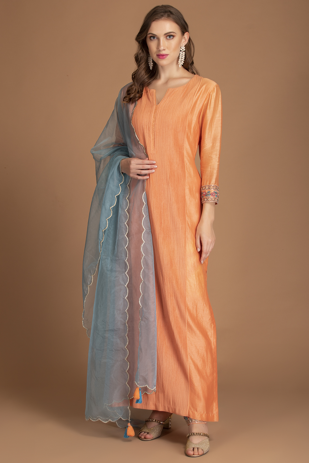 Orange Chanderi Silk Long Kurta With Dupatta by House of Tushaom at Pernia's Pop Up Shop
