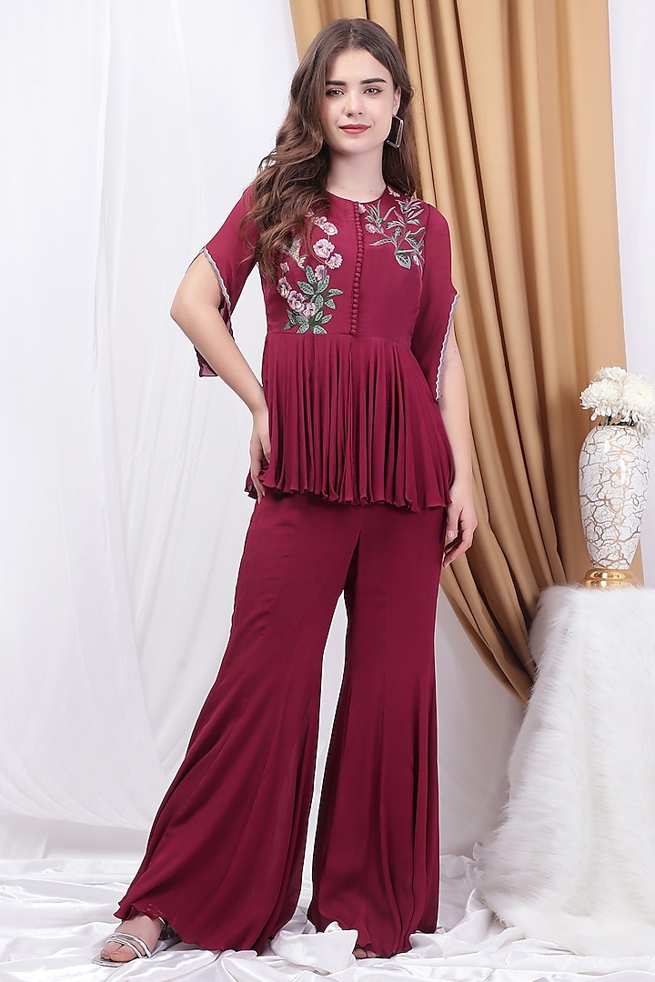 Wine Chinon Chiffon Embellished Co-Ord Set by House Of Tushaom at Pernia's Pop Up Shop