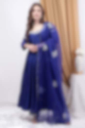 Royal Blue Chanderi Silk Bead Embroidered Anarkali Set by House Of Tushaom