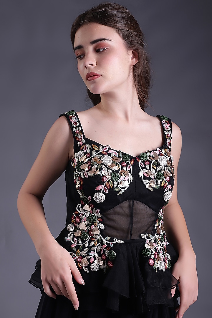 Black Net & Organza Party Wear Sharara Set by House Of Tushaom at Pernia's Pop Up Shop