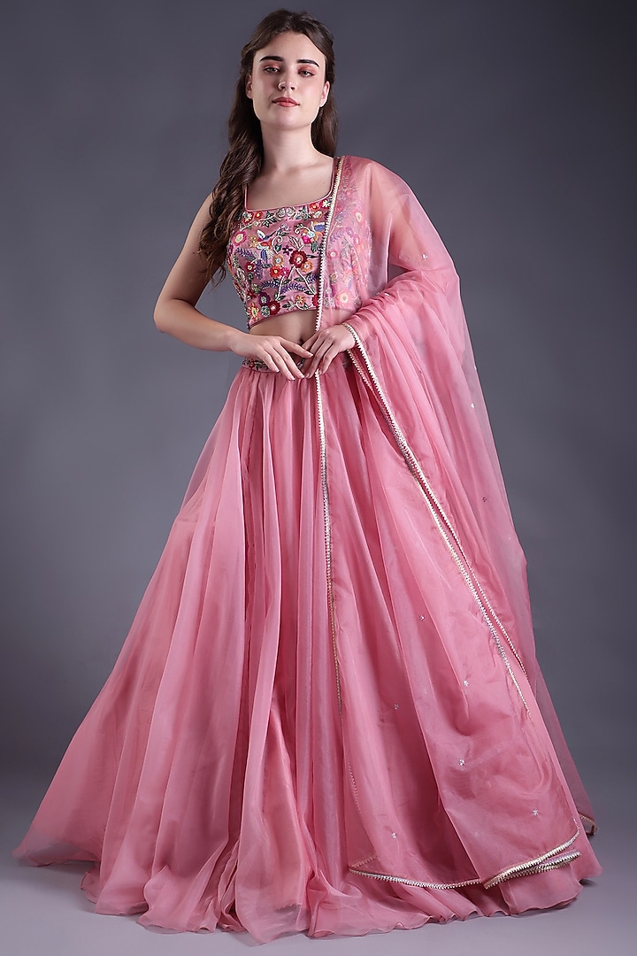 Flamingo Pink Organza & Satin Silk Wedding Lehenga Set by House Of Tushaom at Pernia's Pop Up Shop