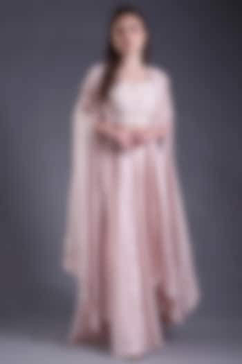 Powder Pink Satin Organza & Organza Hand Embroidered Asymmetric Cape Set by House Of Tushaom