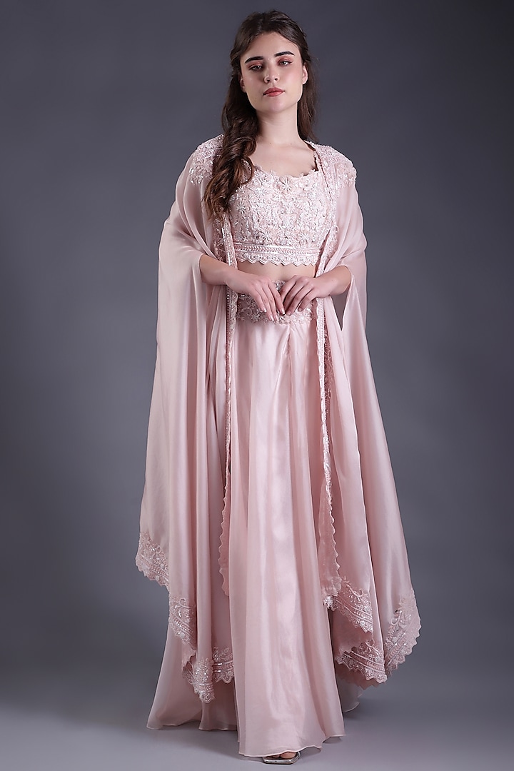 Powder Pink Satin Organza & Organza Hand Embroidered Asymmetric Cape Set by House Of Tushaom