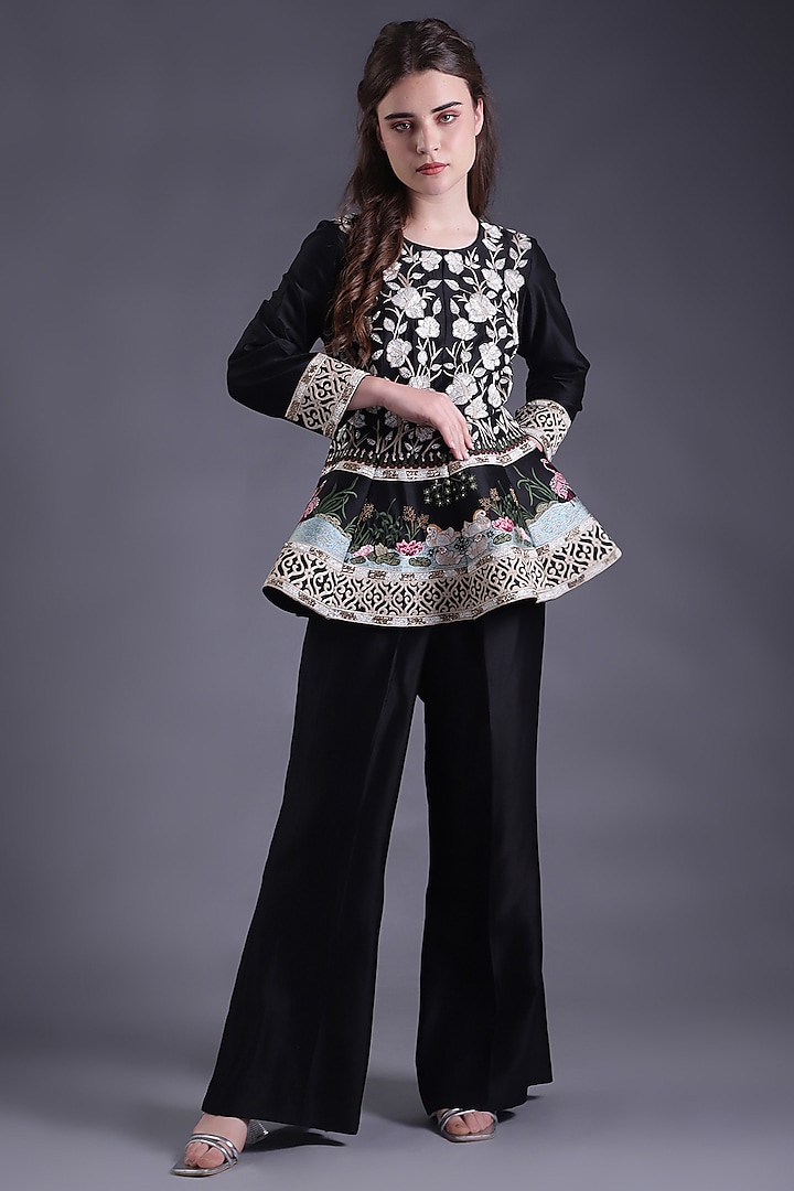 Black Chanderi Hand & Machine Embroidered Co-Ord Set by House Of Tushaom at Pernia's Pop Up Shop