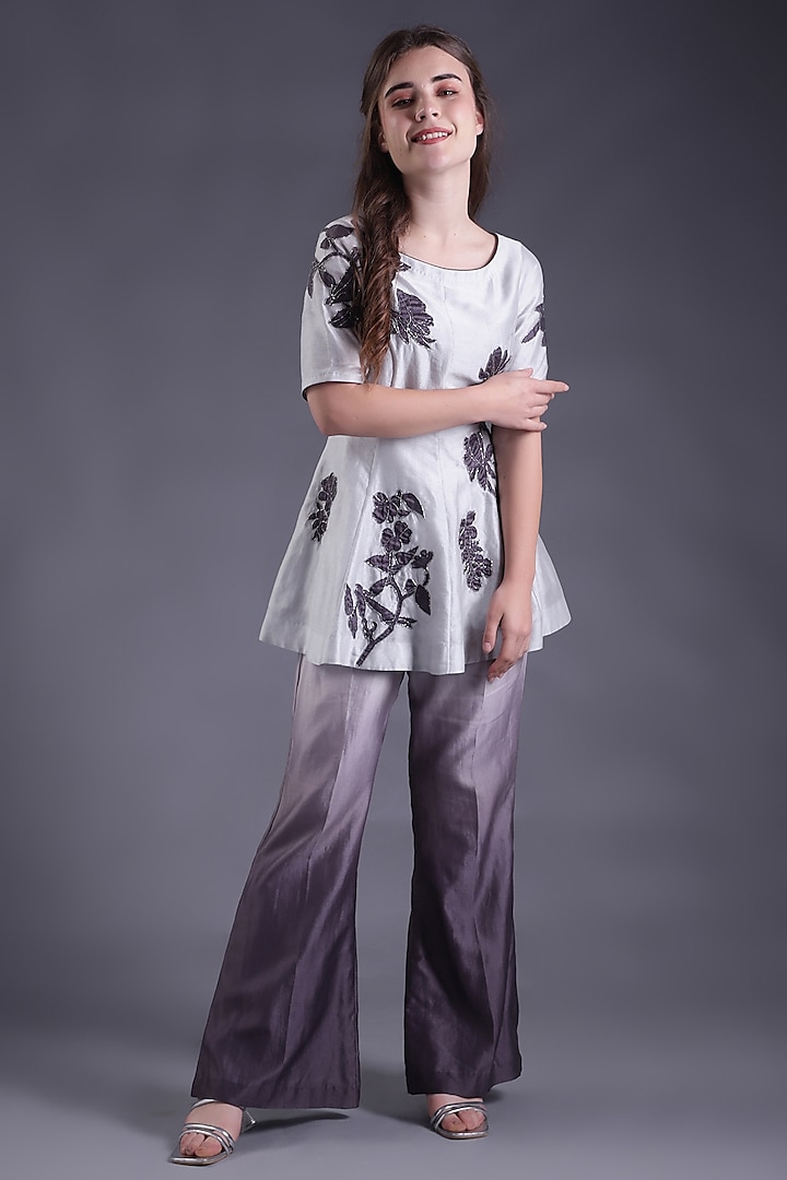 Grey & Purple Ombre Chanderi Silk Bell-Bottom Pant Set by House Of Tushaom