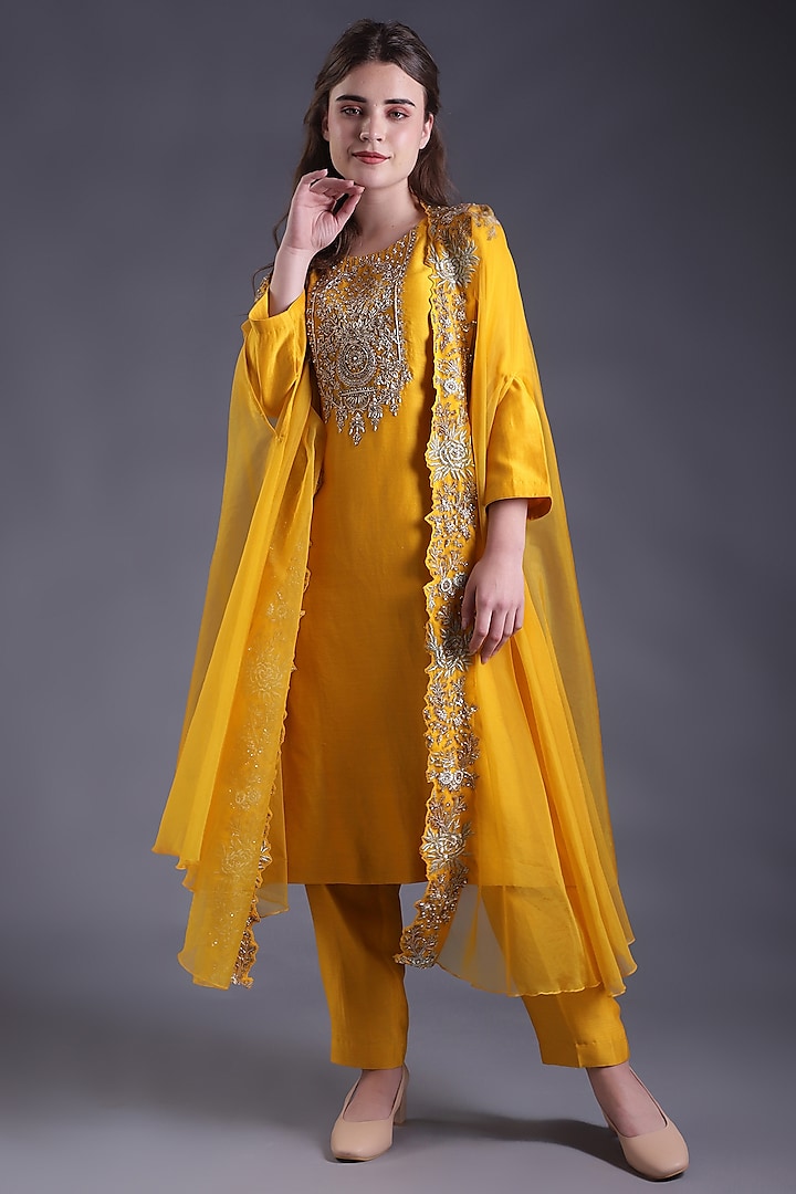 Mustard Yellow Chanderi & Organza Hand Embroidered Kurta Set by House Of Tushaom