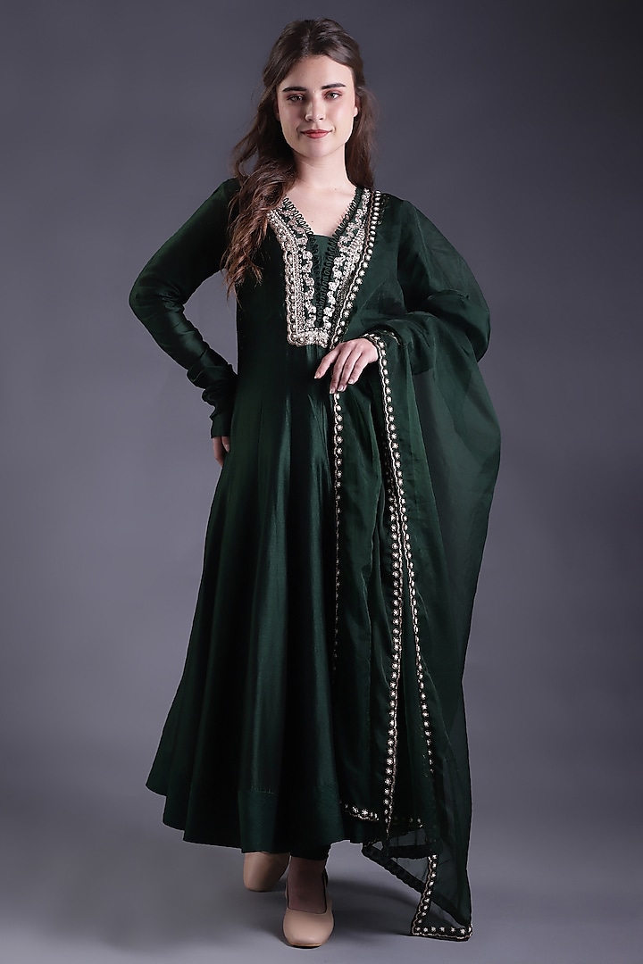 Forest Green Chanderi & Organza Machine Embroidered Anarkali Set by House Of Tushaom
