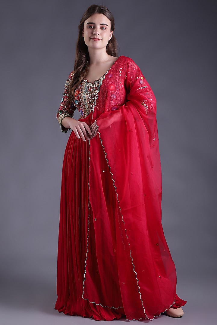 Red Georgette Machine Embroidered Anarkali Set by House Of Tushaom