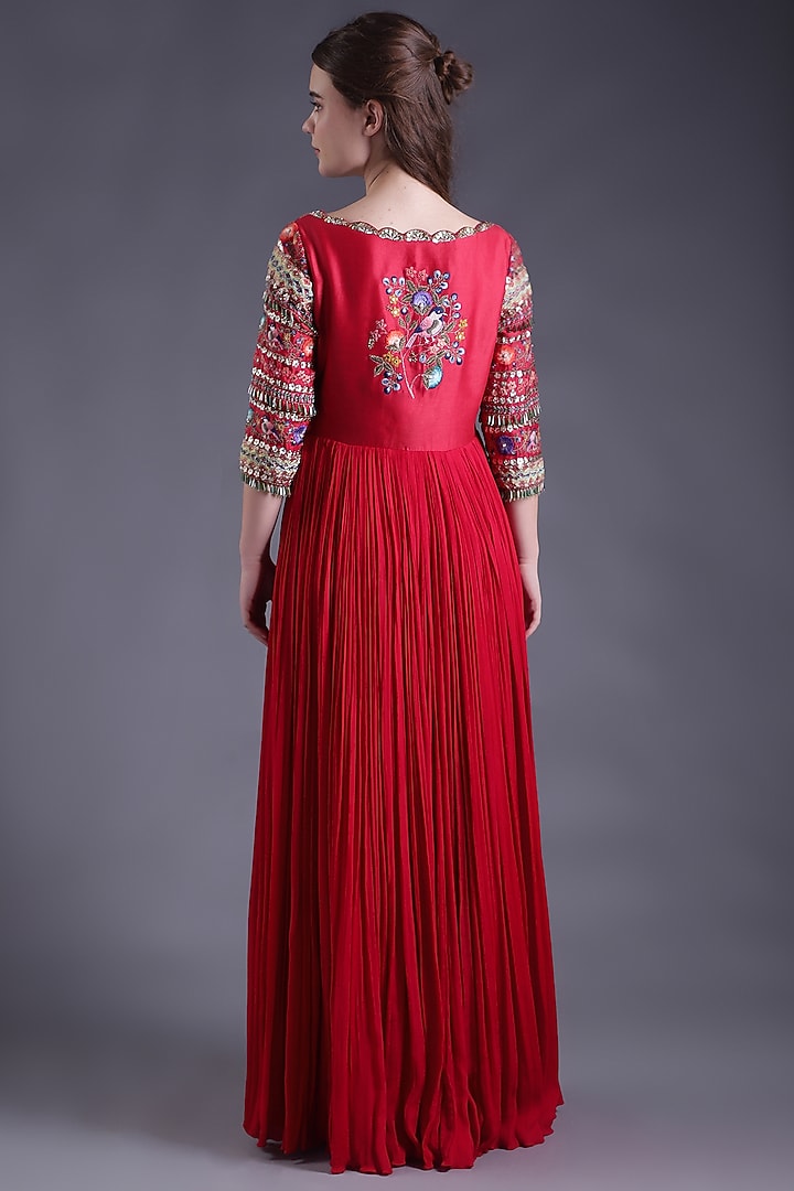 Red Georgette Machine Embroidered Wedding Anarkali Set by House Of Tushaom at Pernia's Pop Up Shop