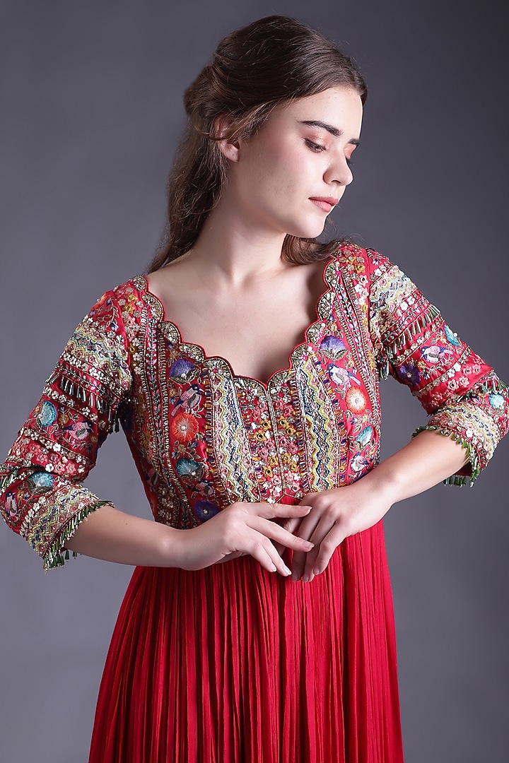 Red Georgette Machine Embroidered Wedding Anarkali Set by House Of Tushaom at Pernia's Pop Up Shop